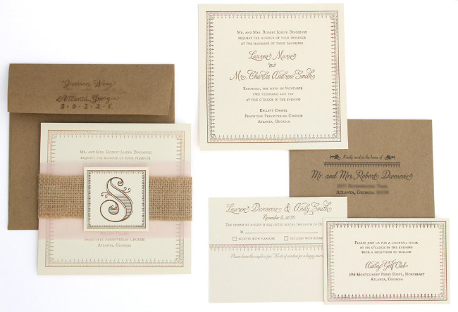 Vintage Burlap Letterpress Wedding Invitations